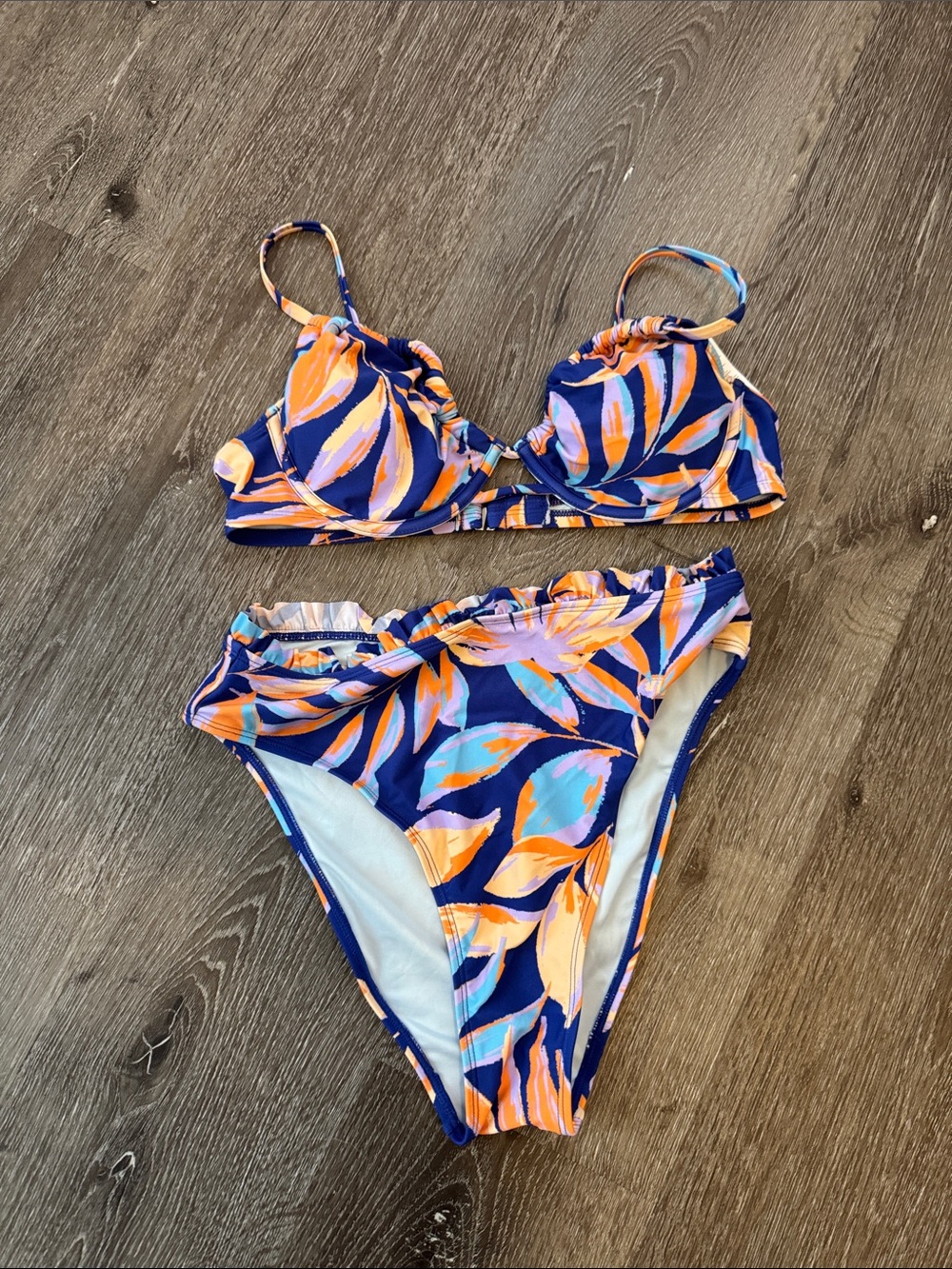 Cupshe Blue Tropical Push Up High Waisted Drawstring Bikini Swimsuit Size M